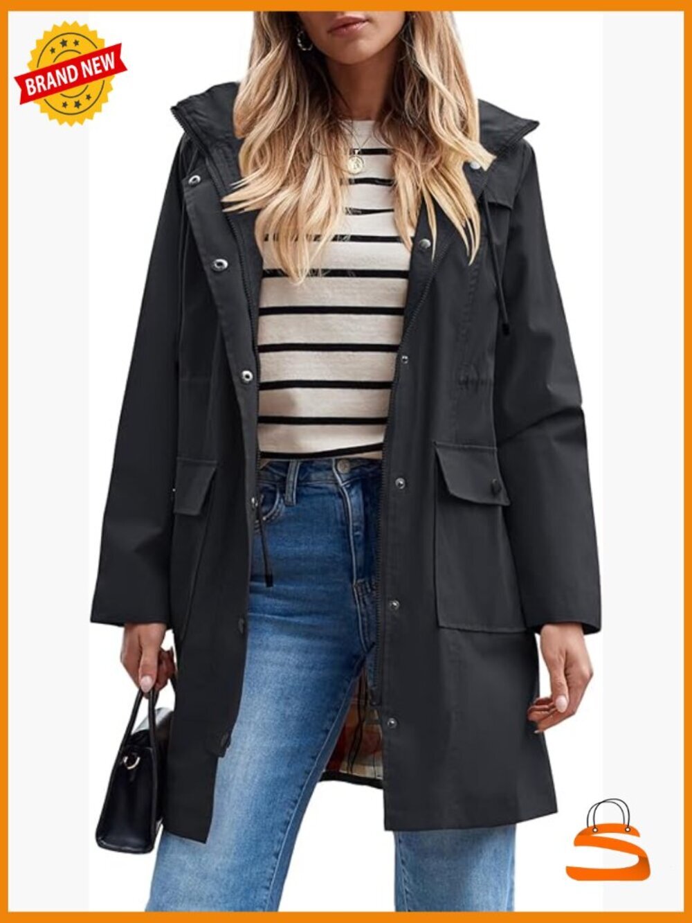 Long Waterproof Rain Jacket Hooded Windbreaker Trench Coat
